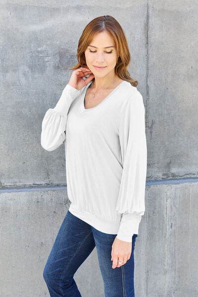 Basic Bae Full Size V-Neck Lantern Sleeve Top - Hovatok