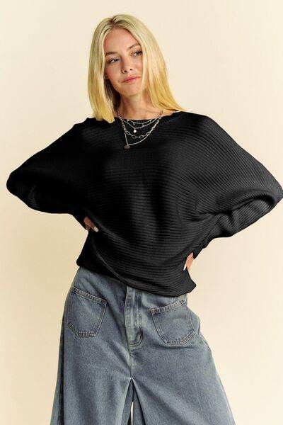 Davi & Dani Round Neck Batwing Sleeve Sweater - Hovatok
