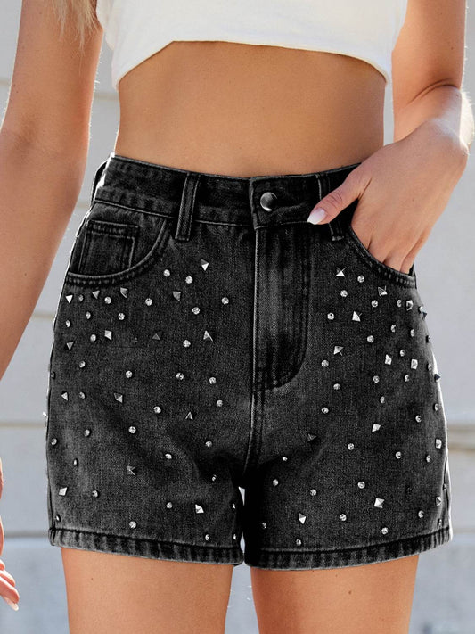 Rhinestone Washed High Waist Denim Shorts - Hovatok