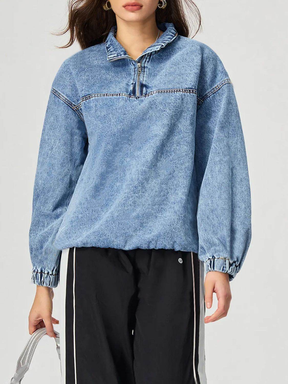 Quarter Zip Collared Neck Denim Top - Hovatok