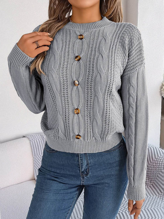 Cable-Knit Buttoned Round Neck Sweater - Hovatok