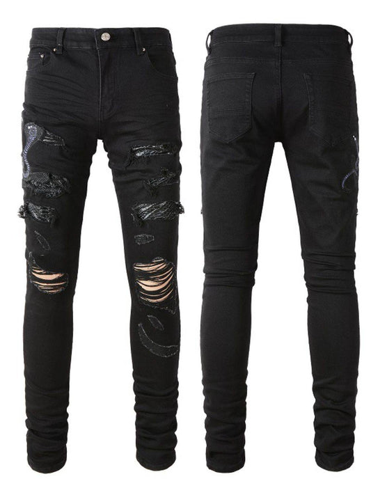 Men's Washed Snake Embroidered Slim Jeans - Hovatok