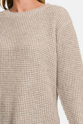 Zenana High Low Long Sleeve Waffle Sweater - Hovatok