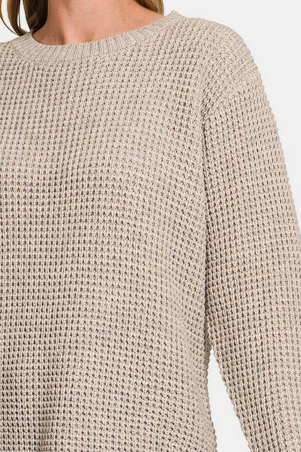 Zenana High Low Long Sleeve Waffle Sweater - Hovatok
