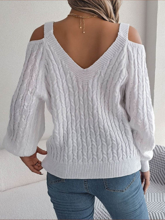 Cable-Knit Cold Shoulder Long Sleeve Sweater - Hovatok