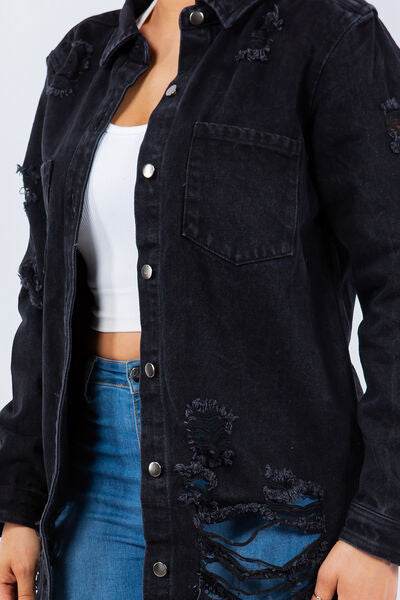 American Bazi Distressed Button Up Long Sleeve Denim Jacket - Hovatok