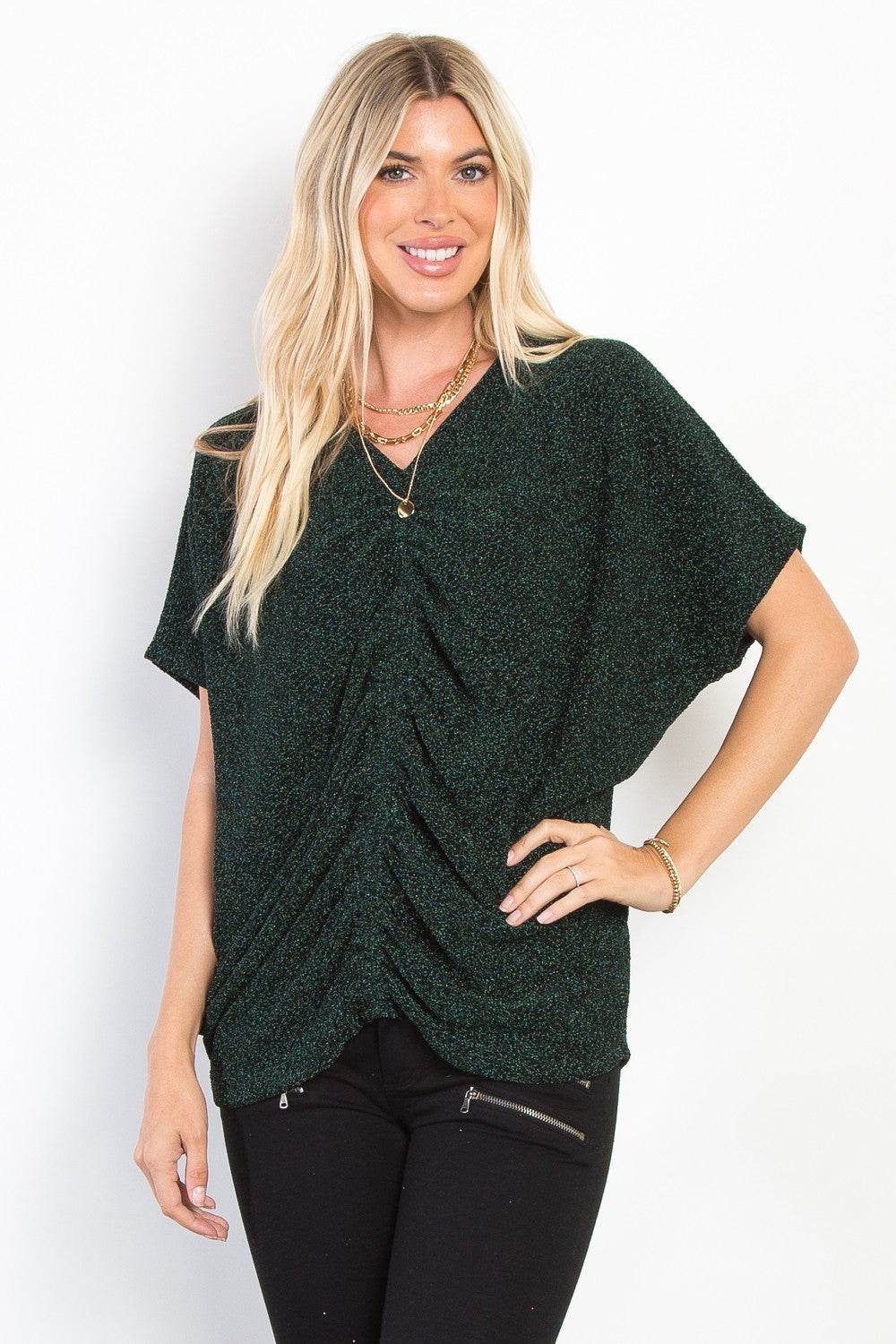 Be Stage Full Size Lurex Center Elastic Cinched Knit Top - Hovatok