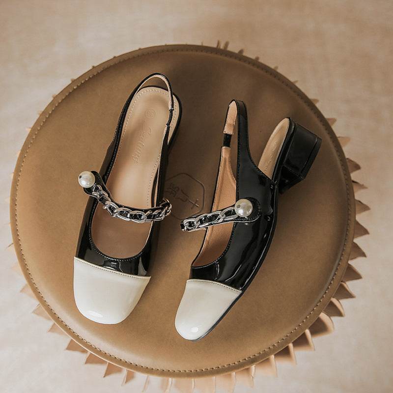 Contrast Round Toe Block Heel Mary Jane Shoes - Hovatok