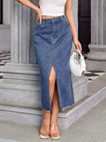 Slit Midi Denim Skirt with Pockets - Hovatok