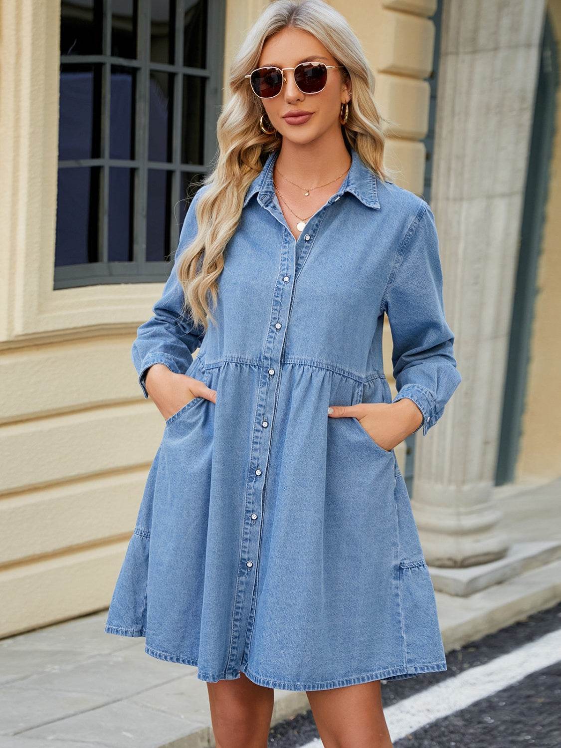 Tiered Button Up Long Sleeve Denim Dress - Hovatok