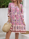 Devine Tassel Floral Tie Neck Mini Dress - Hovatok