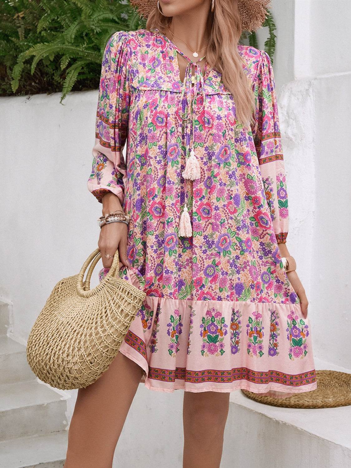 Devine Tassel Floral Tie Neck Mini Dress - Hovatok