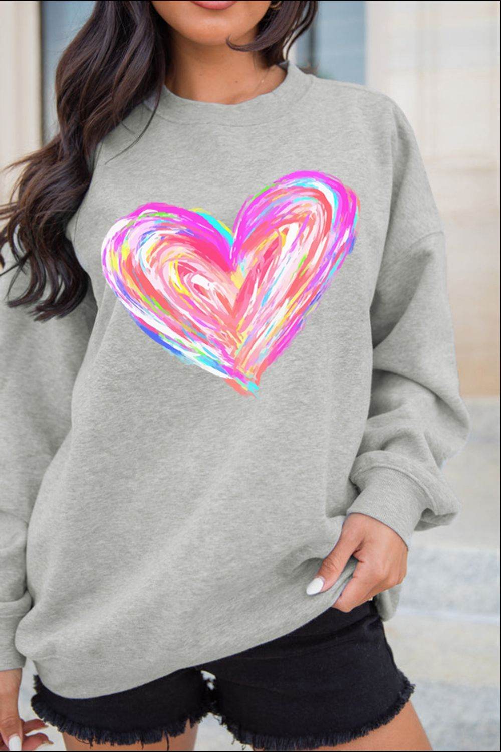 Valentine’s Day Heart Round Neck Drop Shoulder Sweatshirt - Hovatok