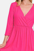 Zenana Three-Quarter Sleeve Surplice Dress with Pockets - Hovatok