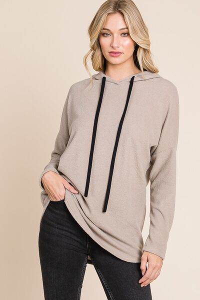 BOMBOM Contrast Drawstring Drop Shoulder Knit Hoodie - Hovatok