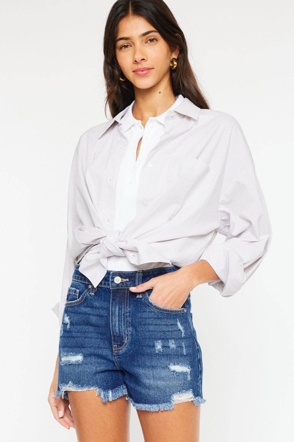 Kancan High Rise Frayed Hem Denim Shorts - Hovatok