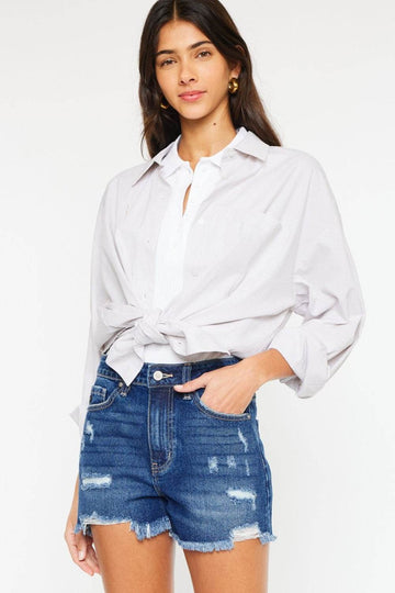 Kancan High Rise Frayed Hem Denim Shorts - Hovatok