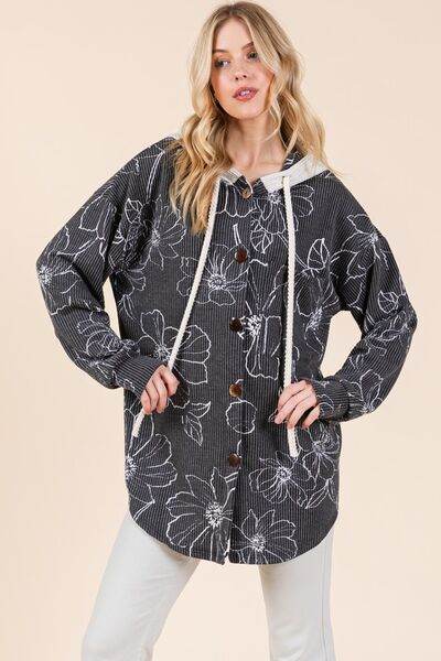 BOMBOM Drawstring Flower Print Button Up Shacket - Hovatok
