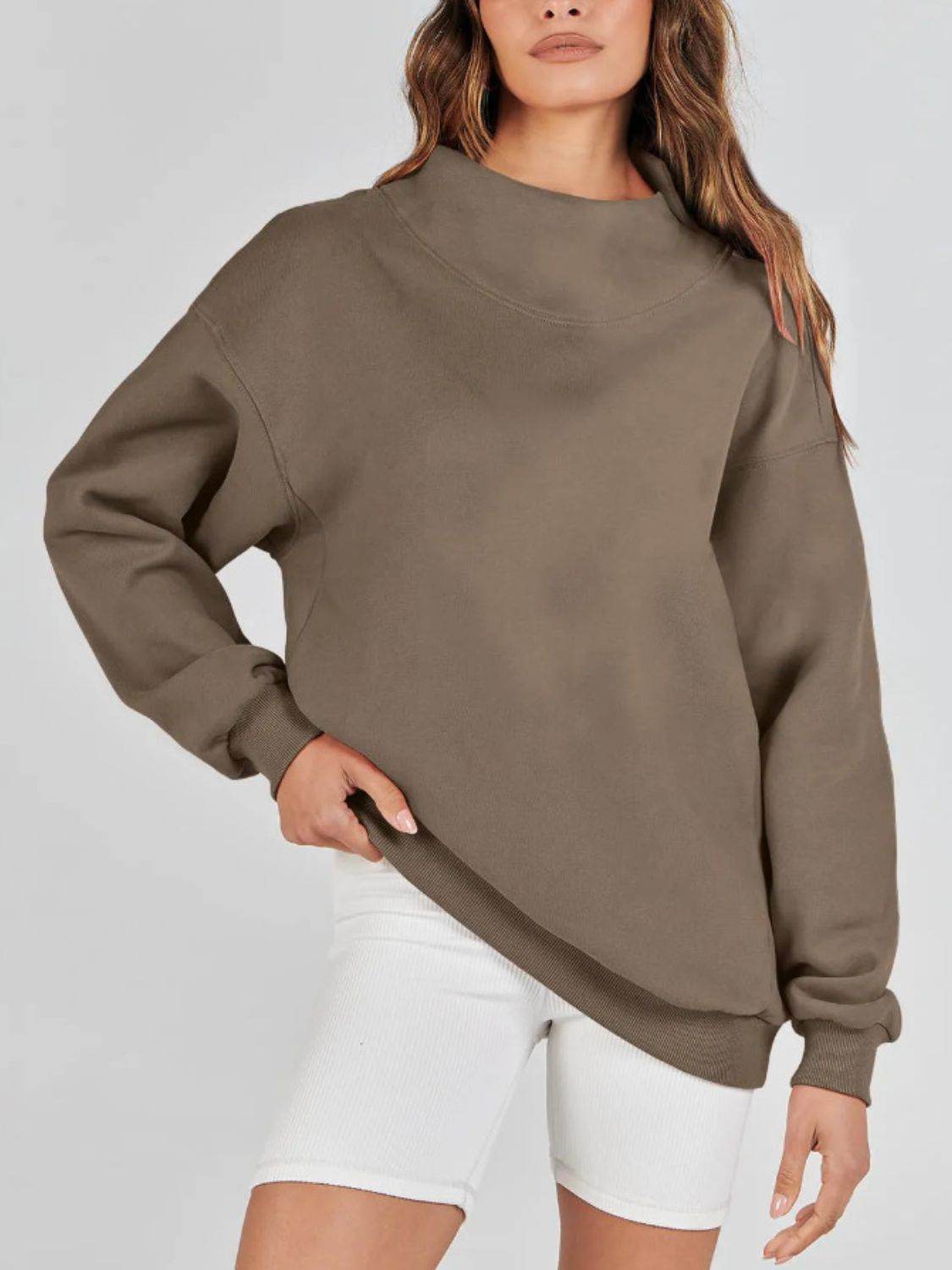 Mock Neck Drop Shoulder Long Sleeve Sweatshirt - Hovatok