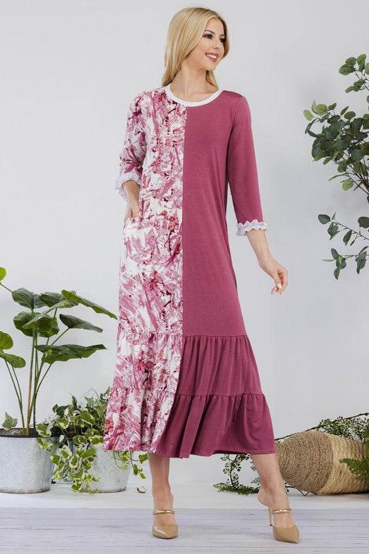Celeste Full Size Contrast Tie Dye Ruffled Midi Dress Plus Size - Hovatok