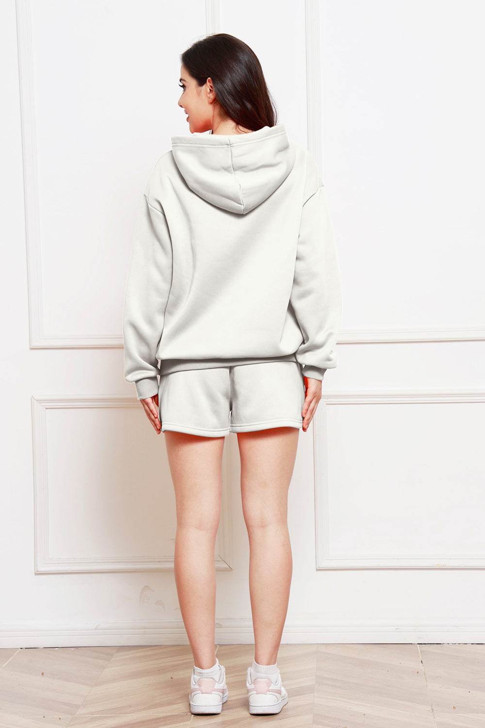 Drop Shoulder Long Sleeve Hoodie and Shorts Set - Hovatok