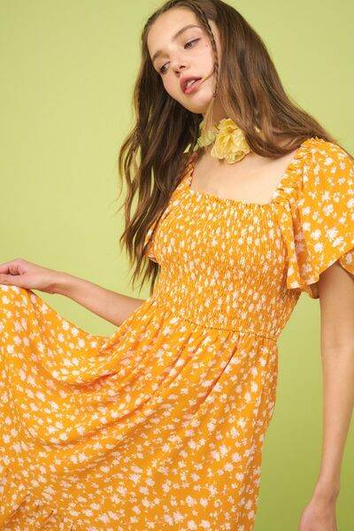 Mittoshop Flower Print Flutter Sleeve Smocked Midi Dress - Hovatok