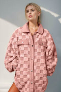 Double Take Button Up Fuzzy Checkered Shacket - Hovatok