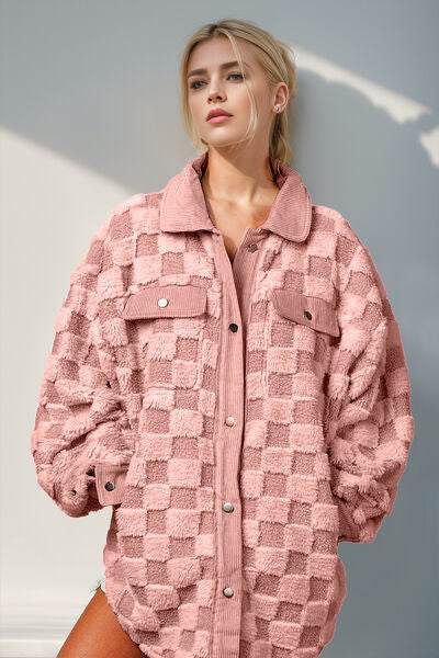 Double Take Button Up Fuzzy Checkered Shacket - Hovatok