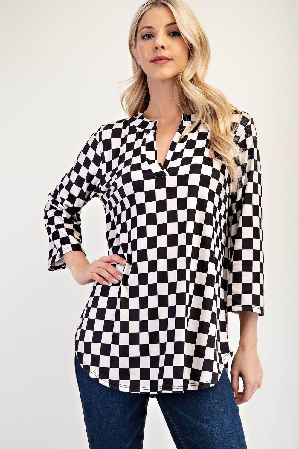 Celeste Full Size Curved Hem Checkered Notched Blouse - Hovatok