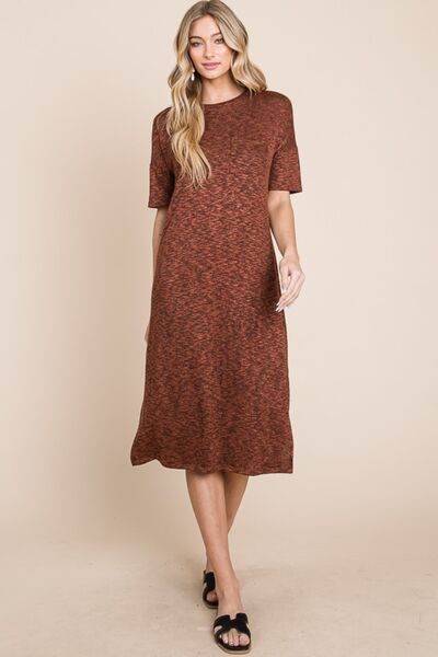 BOMBOM Round Neck Side Slit Midi Dress - Hovatok