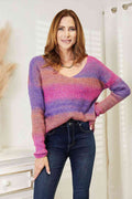 Angel Wings Multicolored Rib-Knit V-Neck Knit Pullover - Hovatok