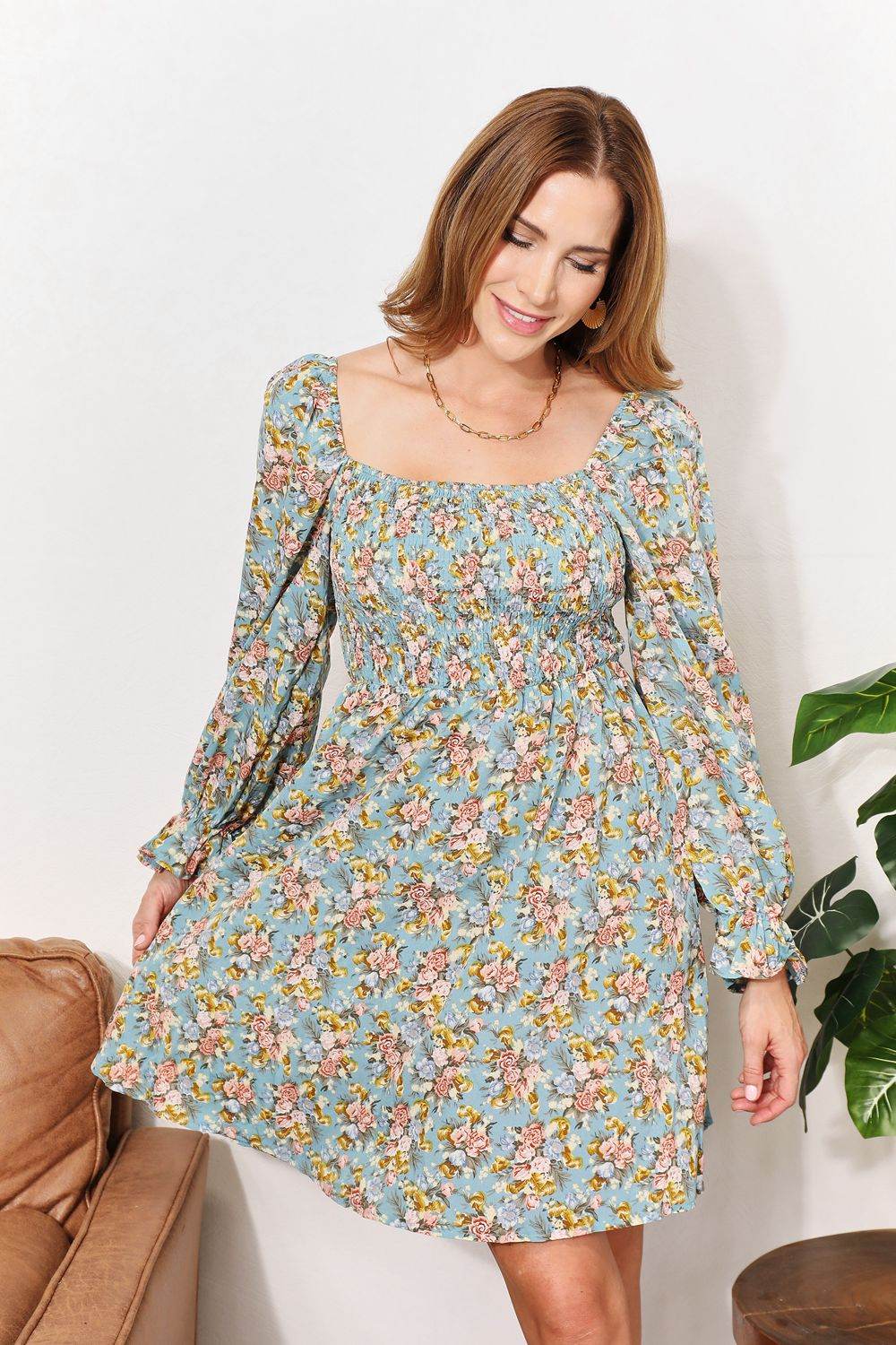 Honey Floral Smocked Flounce Sleeve Square Neck Dress - Hovatok