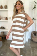 Basic Bae Full Size Striped Round Neck Cap Sleeve Mini Dress - Hovatok