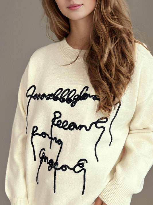 Letter Contrast Round Neck Dropped Shoulder Sweater - Hovatok