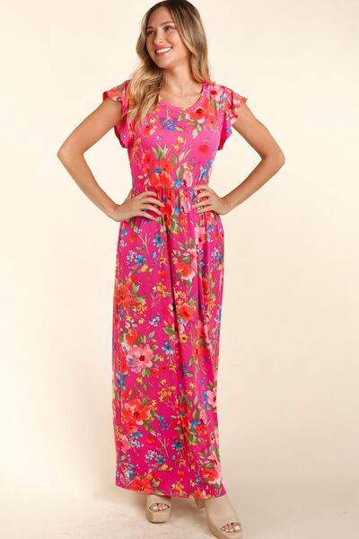 Haptics Floral Ruffled Round Neck Cap Sleeve Dress - Hovatok