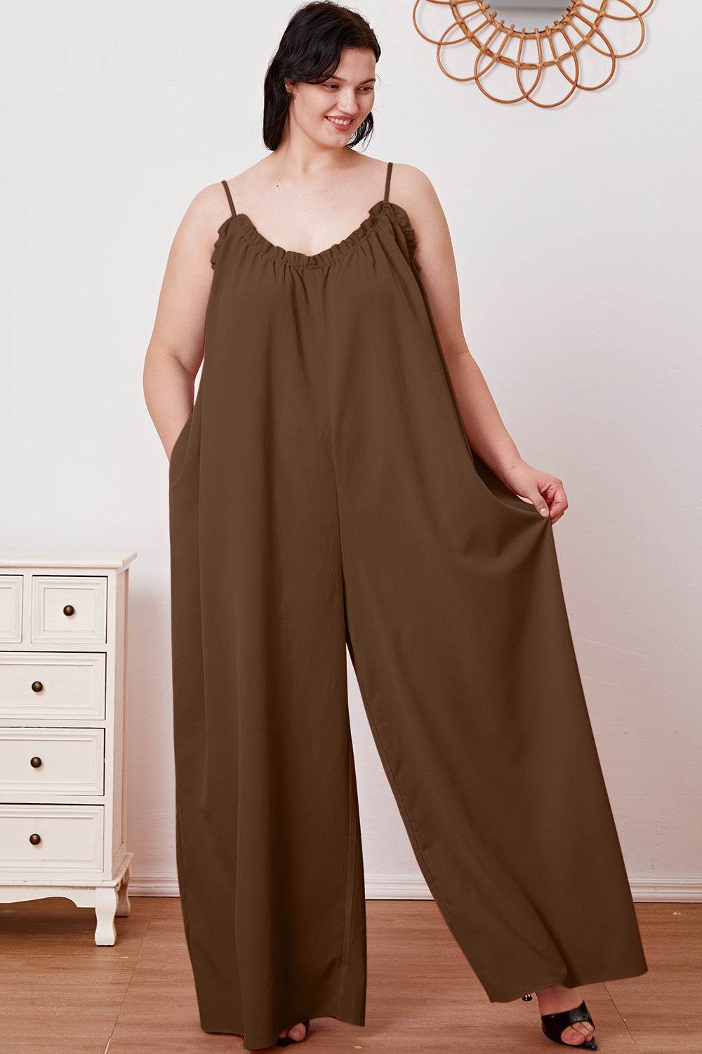 Double Take Full Size Ruffle Trim Tie Back Cami Jumpsuit with Pockets - Hovatok