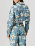 Distressed Raw Hem Floral Collared Neck Denim Top - Hovatok
