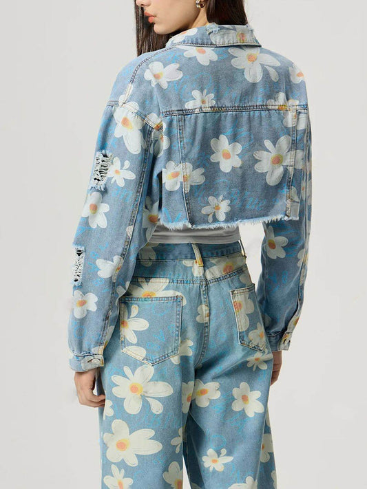 Distressed Raw Hem Floral Collared Neck Denim Top - Hovatok
