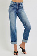 RISEN Full Size High Rise Crop Straight Roll Up Jeans - Hovatok