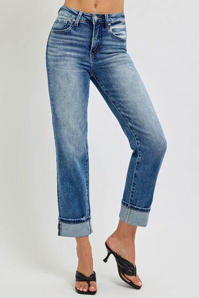 RISEN Full Size High Rise Crop Straight Roll Up Jeans - Hovatok