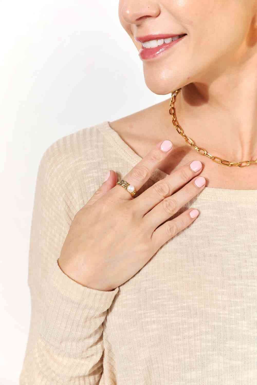 Adored Pearl Stainless Steel Open Ring - Hovatok