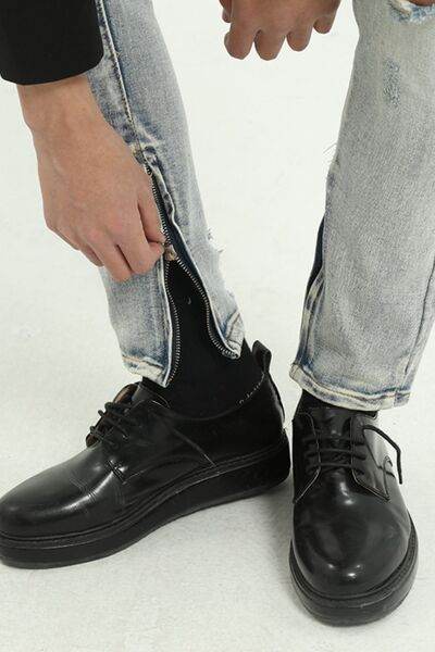 Pocketed Distressed Jeans with Side Zip - Hovatok