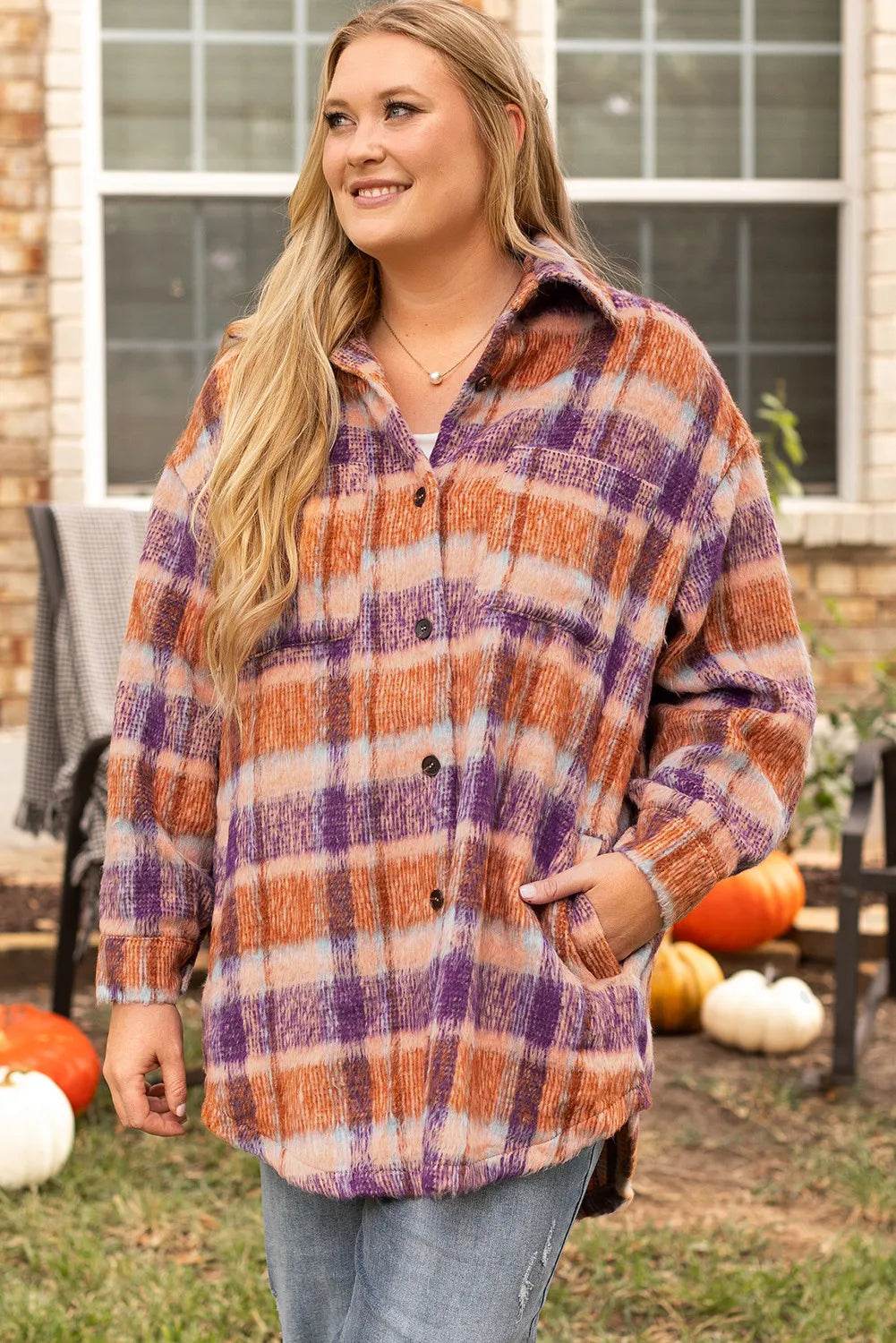 Plus Size Plaid Collared Neck Long Sleeve Jacket - Hovatok