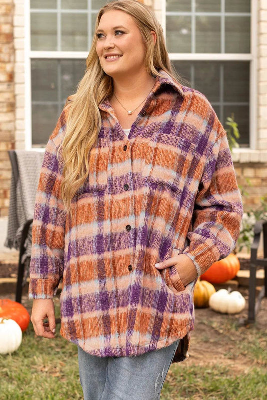 Plus Size Plaid Collared Neck Long Sleeve Jacket - Hovatok
