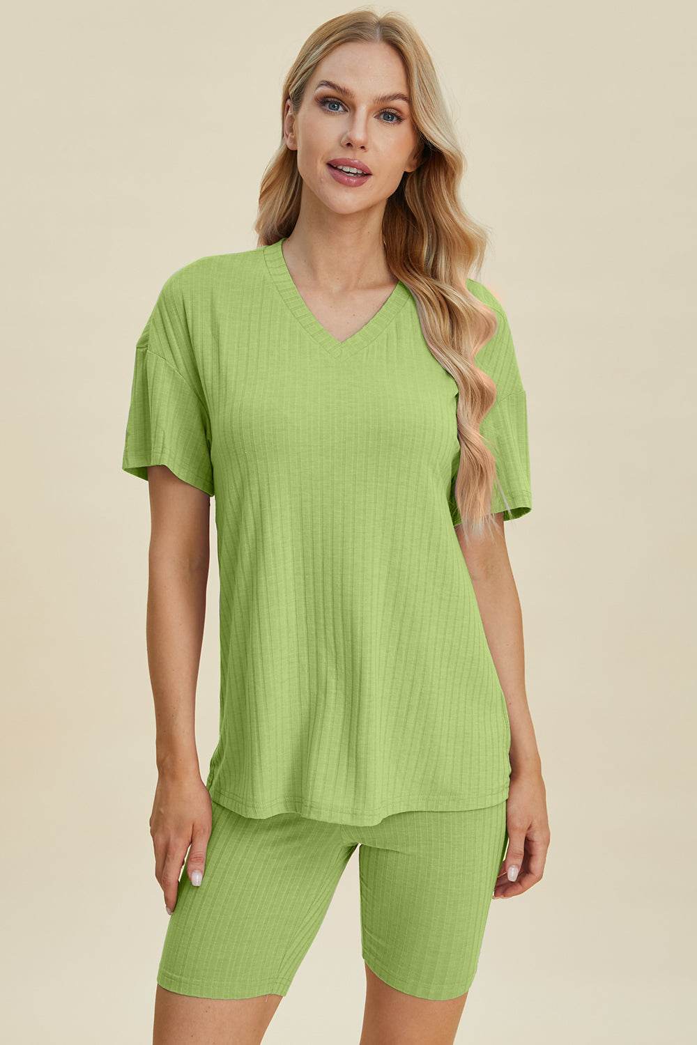 Basic Bae Full Size Ribbed V-Neck Short Sleeve Top and Shorts Set - Hovatok