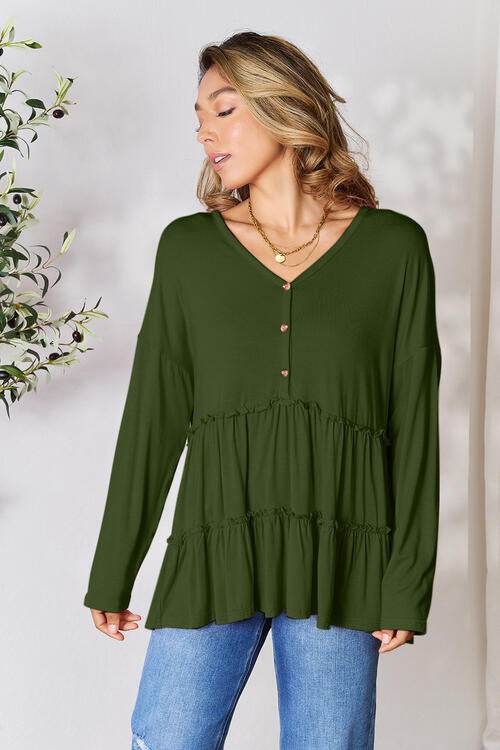 Double Take Half Button Long Sleeve Ruffle Hem Blouse - Hovatok