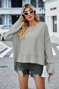 High-Low Slit Round Neck Long Sleeve Sweater - Hovatok