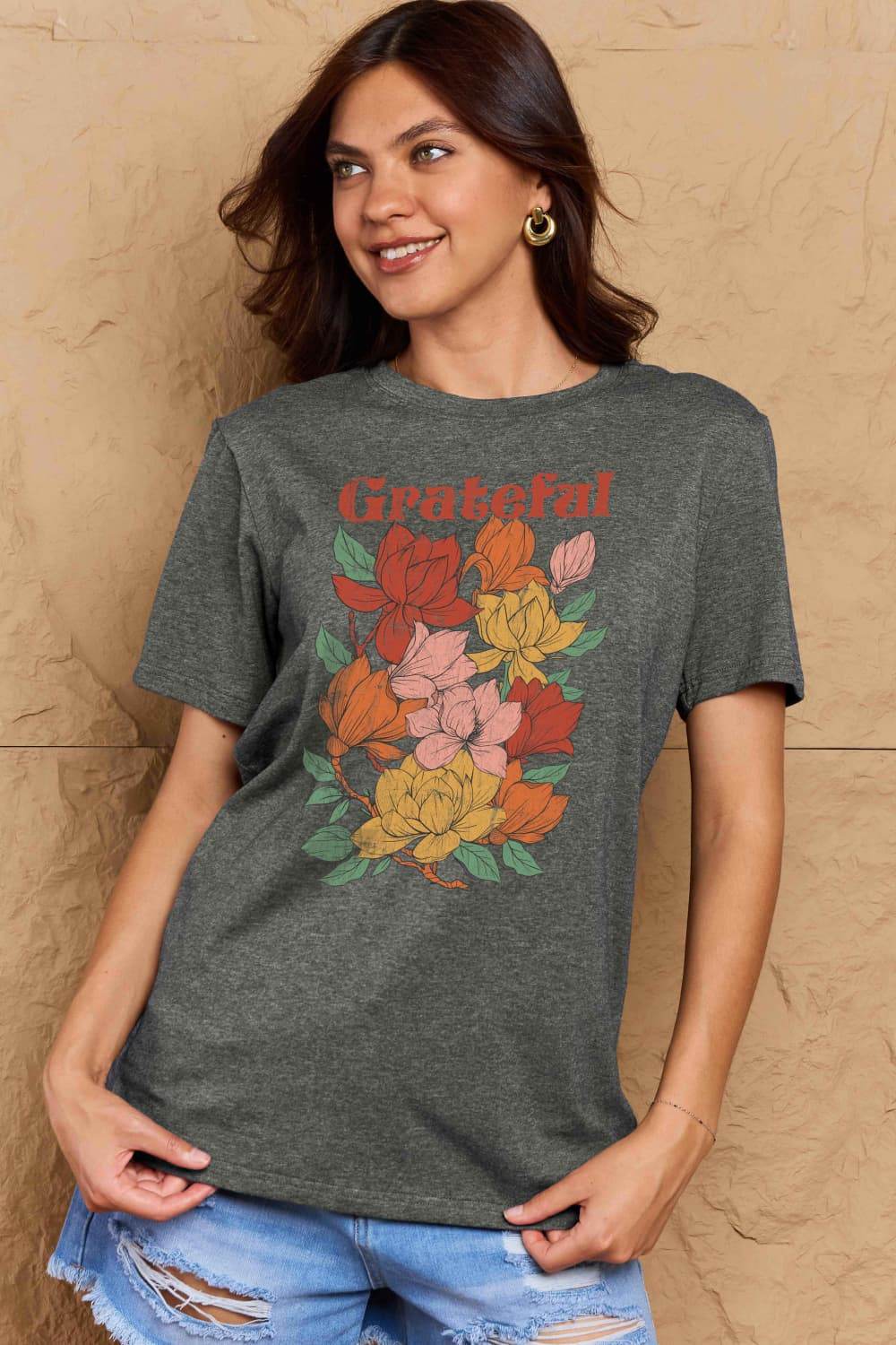 Simply Love Full Size GRATEFUL Flower Graphic Cotton T-Shirt - Hovatok