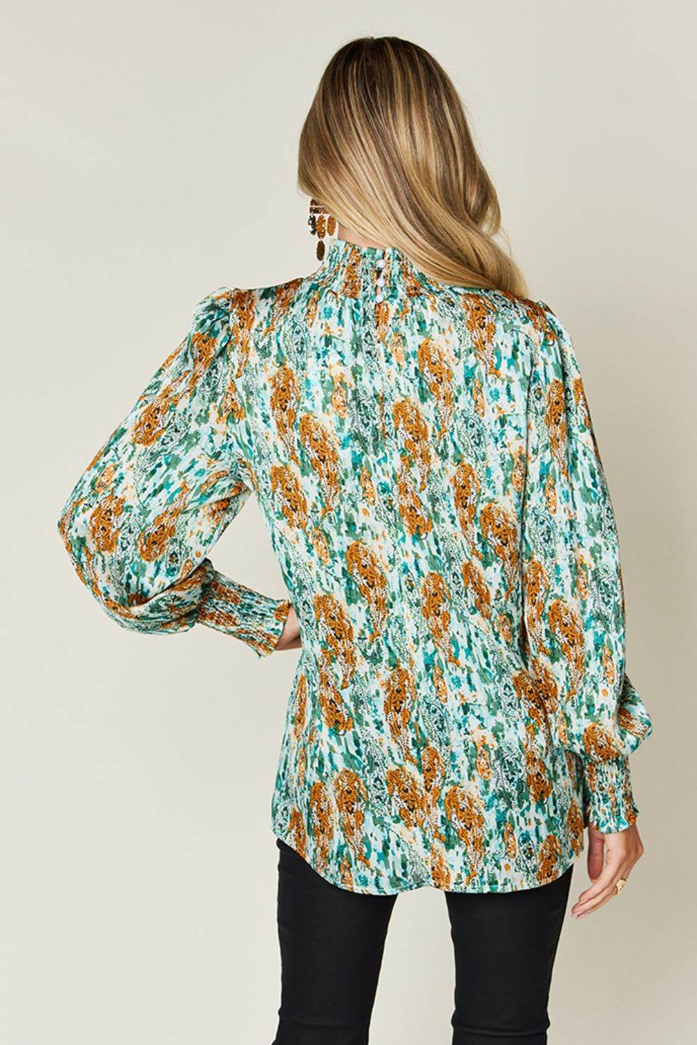 Double Take Full Size Printed Smocked Long Sleeve Blouse - Hovatok
