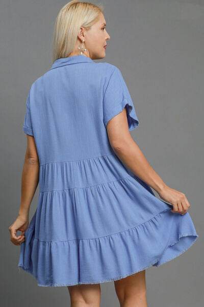 Umgee Full Size Raw Hem Folded Sleeve Tiered Dress Plus Size - Hovatok